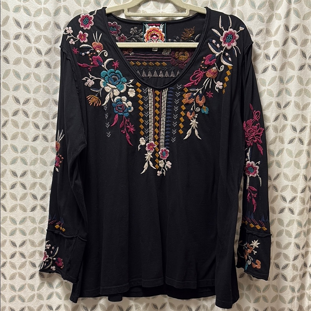 Johnny Was Black Top with Floral Embroidery size XL